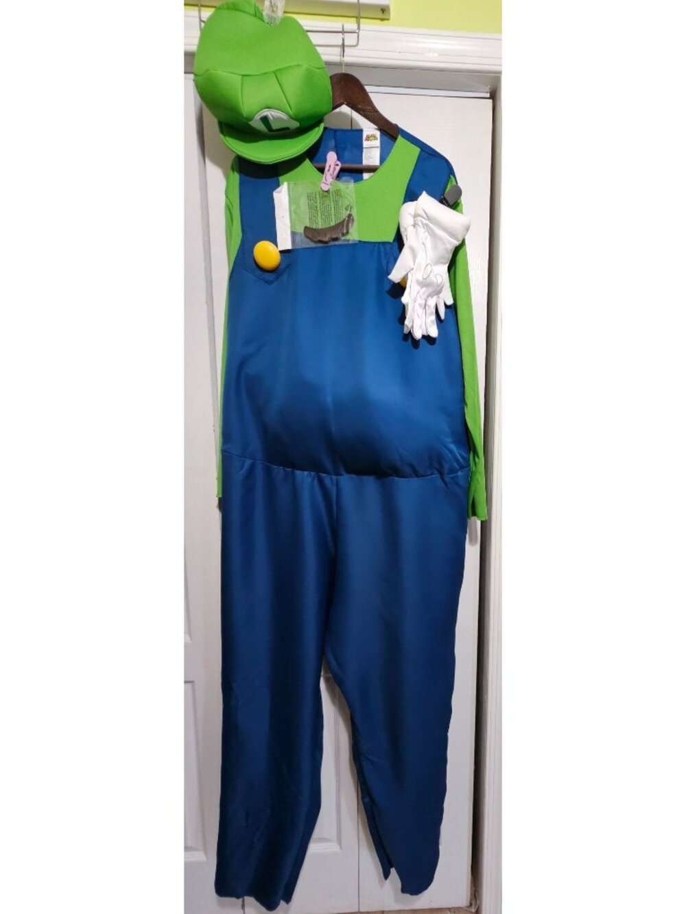 Luigi Adult Costume Super Mario Plush Belly Jumpsuit Gloves Hat Mustache L/XL